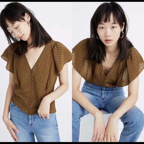 Madewell 100% Silk Flutter Sleeve Polka Dot Carmelina Blouse - Picture 1 of 5
